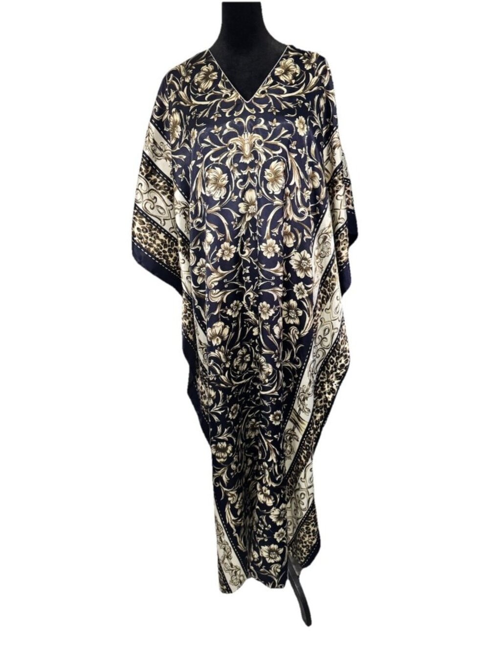 Vintage Winlar Elegant Navy Gold Floral V-Neck Caftan One Size Kaftan Mrs Roper